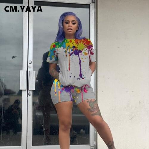 CM.YAYA Women Set Print Short Sleeve O-neck T-shirts Sheath Elastic Shorts Two Piece Sets Tracksuit Casual Outfit Summer 2021