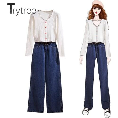 Trytree 2020 Autumn Women Casual Two Piece Set V-neck Solid Knitted Buttons Tops + Jeans Elastic Waist Wide Legs Set 2 Piece Set