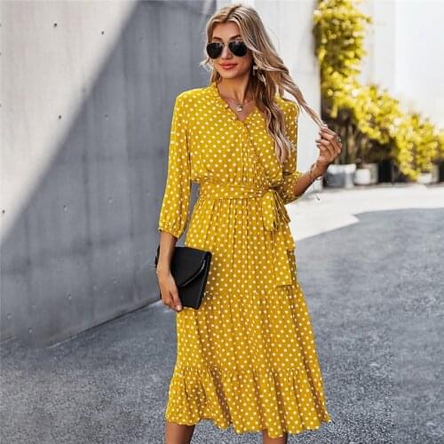Autumn Winter Dot Bandage Dress Women Casual Ruffles V Neck High Waist Slim Print Long Dress for Women 2021 New Fashion