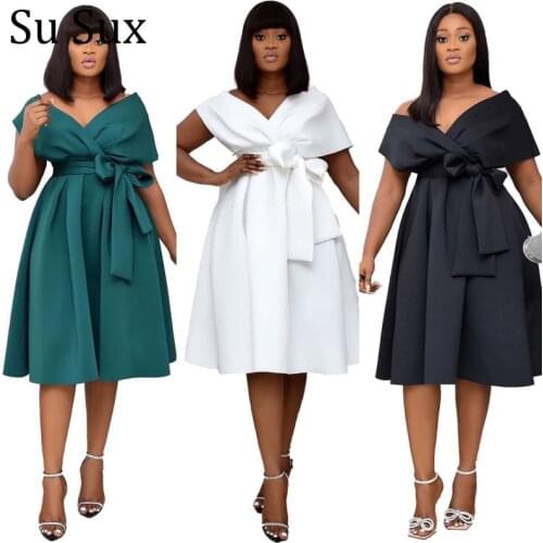 Elegant A Line Dress African Clothes Robe Evening Party Dress Solid Slash Neck High Waist Bow Vestidos Christmas Clothing