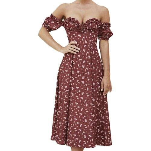 2021 Womens Floral Backless Slim Sling Dress Prairie Style Chic Shoulder Strap Backless Chest Fold Lace Side Split Sexy Dress