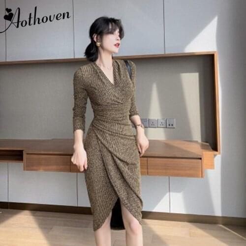 2021 High-end Women Golden V-neck Drape Long Sleeve Asymmetrical Dress Spring Sexy Party Dress Wrap Classy Dress Ladies Vestidos