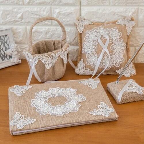 5Pcs/set jute burlap linen bow Wedding Decor Supplies Ring Pillow Flower Basket Garter Guest Book Pen set bride accessories