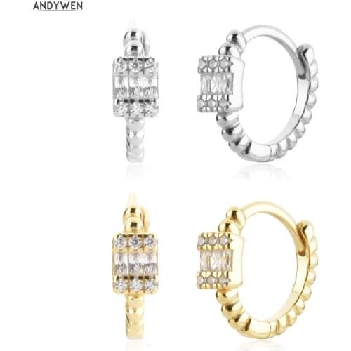 ANDYWEN New 925 Sterling Silver Gold Square Zircon CZ Huggies Classic Piercing Hoops Rock Punk Clips Hoops Earring For Women