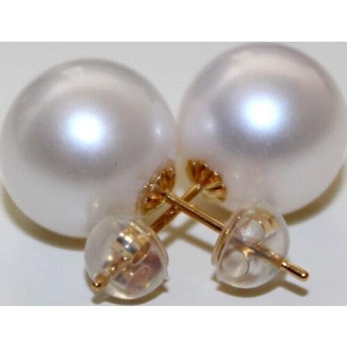 Free shipping charming pair 11-12mm Freshwater white pearl earring 18k yellow gold