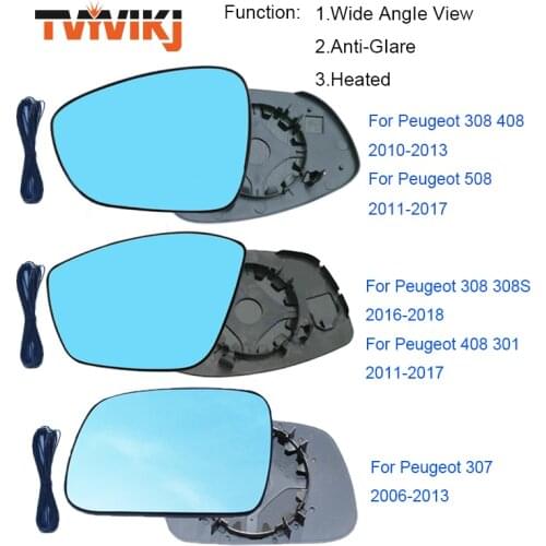 TVYVIKJ Side Rearview Mirror Blue Glass Lens For Peugeot 301 308 408 508 2010-2019 Wide Angle View anti glare
