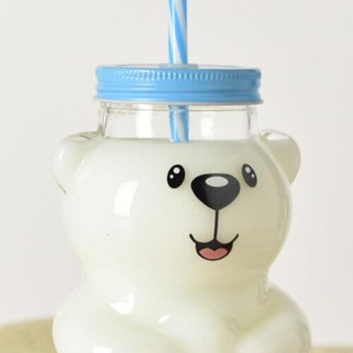 Water Bottle Creative Cartoon Glass Heat Resistant Bear Sippy Cup With Straw Juice Milk Kids Clear Drinking Bottles