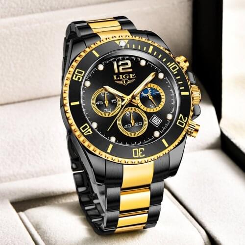 LIGE Business Men Watch Luxury Fashion Quartz Wristwatch Male Stainless Steel Strap Gradient Gold Waterproof Calendar Watch+BOX