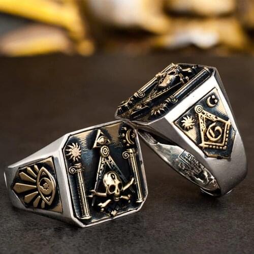 Skull MasonicRing 925 Silver Ring For Men Omniscient eye and freemason Totem Jewelry mygrillz