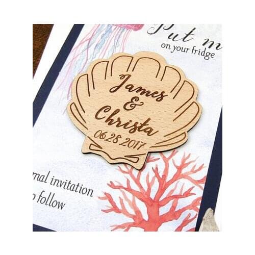 Custom Coral Save the Date seashell Wedding Wooden gift tags invitation Labels cards party engagement bridal shower decorations