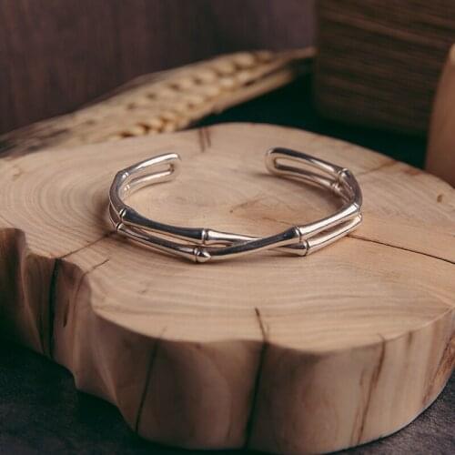999 silver double bamboo bangle design with simple opening for young fashion niche bracelet