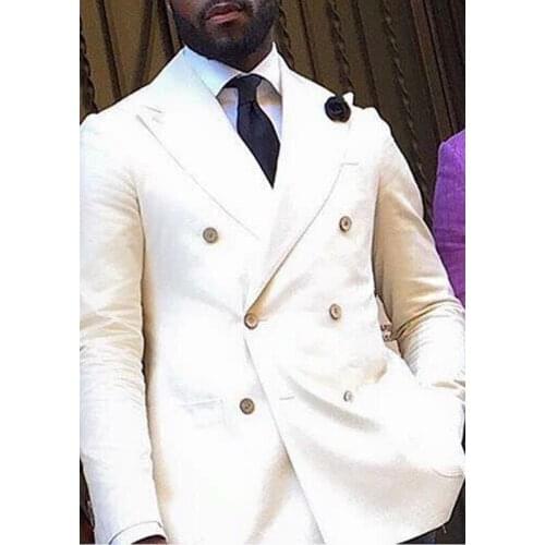Double Breasted Mens Suits for Dinner Party Ivory Groomsmen Wedding Tuxedos African Fashon Costume Jacket with Pants 2 Pieces