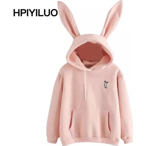 HPIYILUO 2021 Autumn Winter Women Hoodies Kawaii Rabbit Ears Fashion Hoody Casual Solid Color Warm Sweatshirt Hoodies For Women
