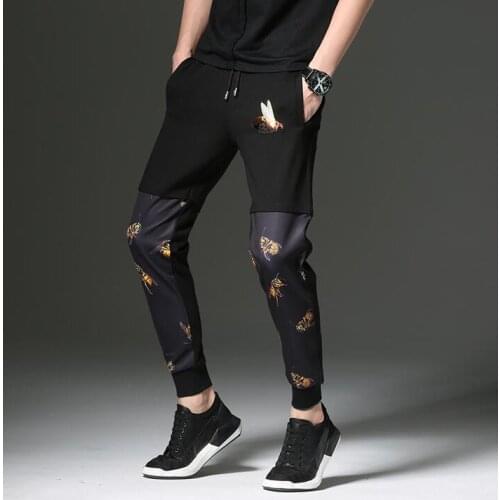 Summer mens printing trousers thin slim casual pants men plus size personality harem pants mens skinny pants black splice M- 5XL