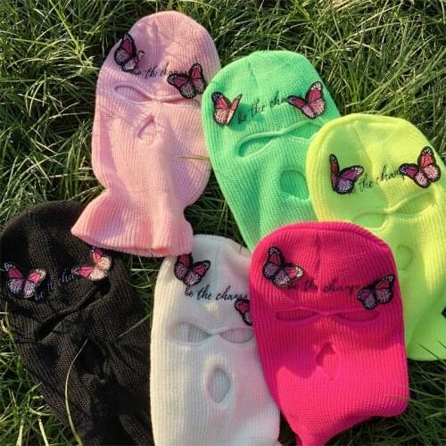 Pink Butterfly Ski Mask Knitted Face Balaclava Full Face Mask For Women Be The Change Mbroidery Caps Men Party Outdoor Sports CS