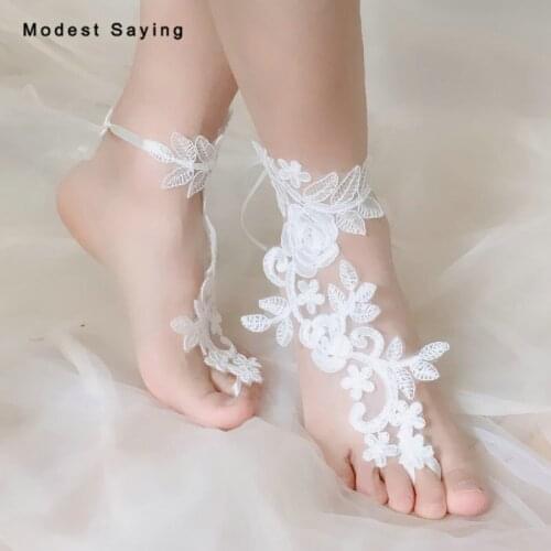 Fashion 1 Pair Ivory Rosette Lace Wedding Barefoot Sandals Bridal Dance Anklet Shoes With Toe Sandbeach Bridesmaid Foot Jewelry