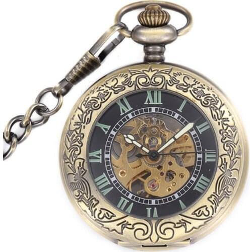 Steampunk Skeleton Bronze Automatic Mechanical Pocket Watch Men Vintage Hand Wind Clock Necklace Pocket & Fob Watches With Chain