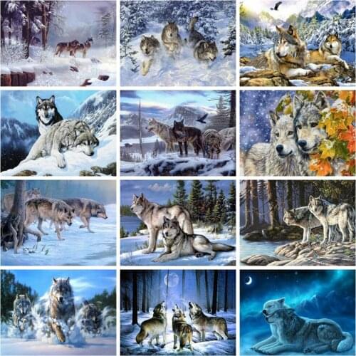 Huacan Diamond Painting Kit Wolf Wall Decor Diamond Mosaic Embroidery Animal Winter Snow Crystal Gift