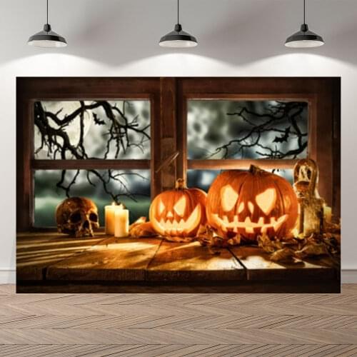 Neoback Halloween Party Light Candle Pumpkin Window View Photography Background Photographic Backdrop For Photo Studio Shoot