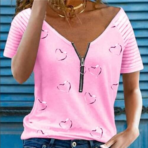 New Fashion Women Zipper T-Shirts Heart-Shaped Printed Female T-shirt Decoration V-neck Short-Sleeved Ladies Loose Top