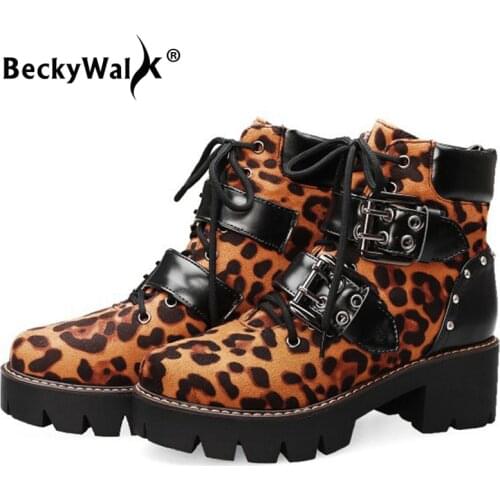 New Fashion Leopard Women Ankle Boots Large Size 43 Round Toe Platform Martin Women Boots Square Heel Winter Women Shoe WSH3451