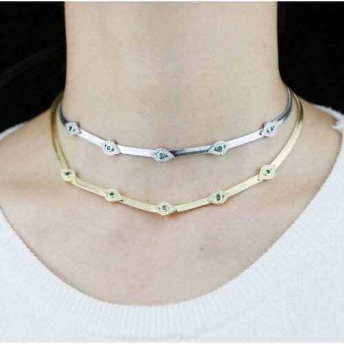 New Minimalist Copper Flat Snake Chain Choker Necklace Punk eye charm with cz paved Short Collar Clavicle Necklace Women Jewelry