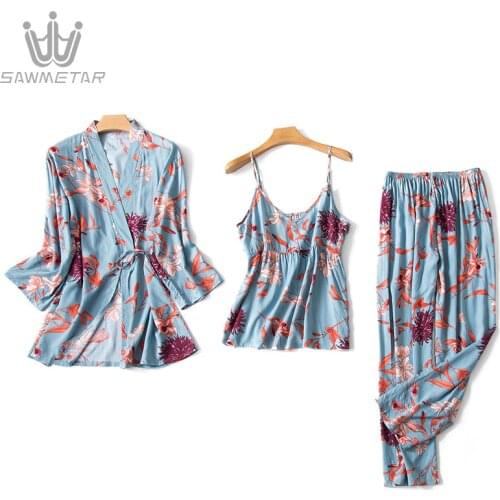 Silk pajama set Women 3 Piece Set Sleep Lounge Fashion Spaghetti Strap Satin Sleepwear Print Long Sleeve night suit