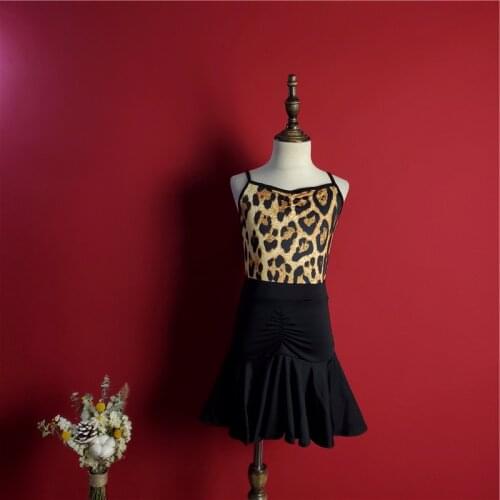 Latin Dance Dress Girls Sling Practice Clothes Leopard Print Summer Children Latin Dance Dress Performance Clothing