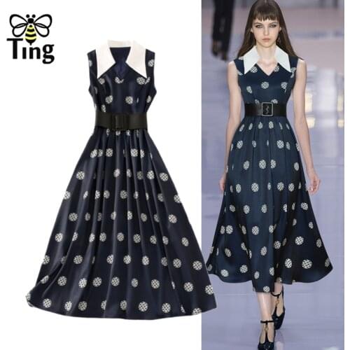 Tingfly Runway Designer Floral Dot 90S Vintage Elegant Party Dinner Dresses Women High Waist A Line Frocks for Women with Belt