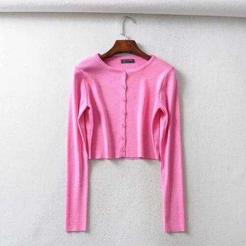 Pink Basic Knitted Cardigans Women Shirts Long Sleeve O neck Cropped Tops Sweater Summer Autumn Solid Korean Ladies Short Top