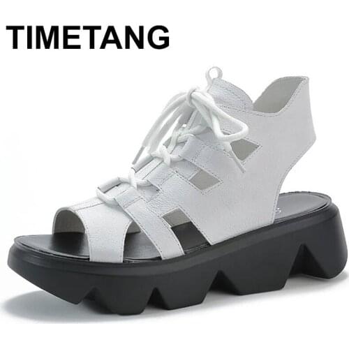 TIMETANG High Quality Platform Sandals For Women Genuine Leather Shoes High Heel Peep Toe Fashion Gladiator Sandals WomenLace-Up