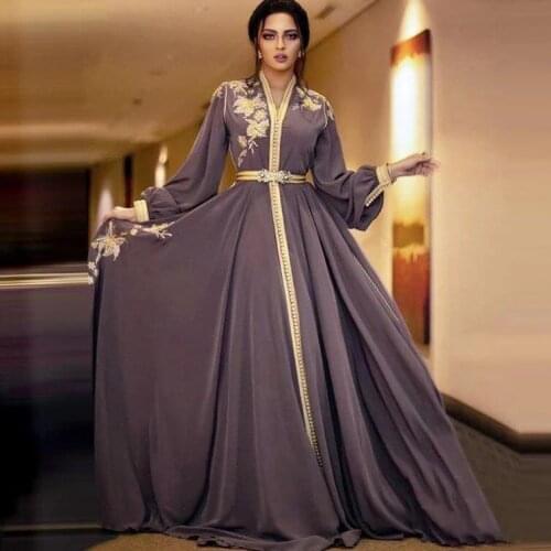 Grey Long Chiffon Gold Appliques Embroidery Muslim Prom Dresses 2021 Long Sleeve Saudi Arabic Formal Evening Party Dress
