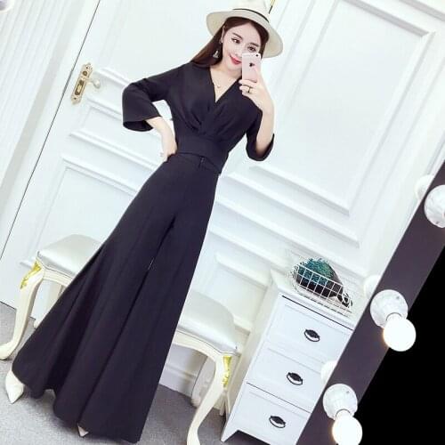 Spring new style fashion V-neck long-sleeved temperament shirt high waist was thin wide leg pants skirt pants two sets of women