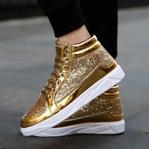 High Top Sneakers 2021 Cool Men Shoes Gold Glitter Fashion Sneakers Lace Up Platform Flats Gold Shoes Man Sequins Mens Trainers