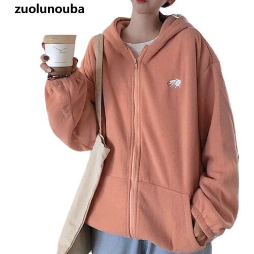 2020 New Korean Loose Casual Ladies Hoodie Lazy Wind Polar Fleece Zipper Women Coat Harajuku Cartoon Embroidery Women Sweatshirt