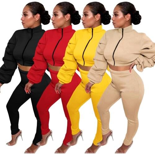 Women Winter Womens set Tracksuit Stacked Sleeves Crop Zip Jacket Skinny Pants Suit Two Piece Set Office Outfits