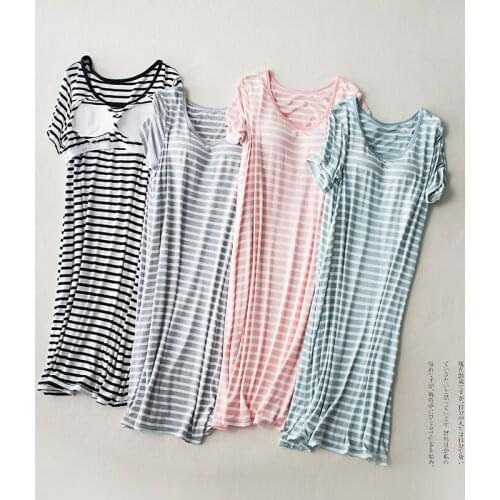 Women Sleep Dress With Chest Pad Modal Nightgowns Short Sleeve Plus Size Lounge Wear Cute Stripe Round Neck Sle