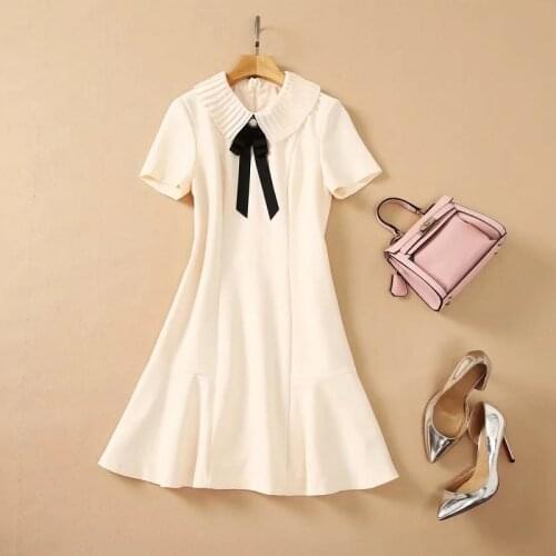 High Quality New Celebrity Style Dress 2021 Summer Women Pleated Turn-down Collar Short Sleeve Elegant Apricot Black Dress XL