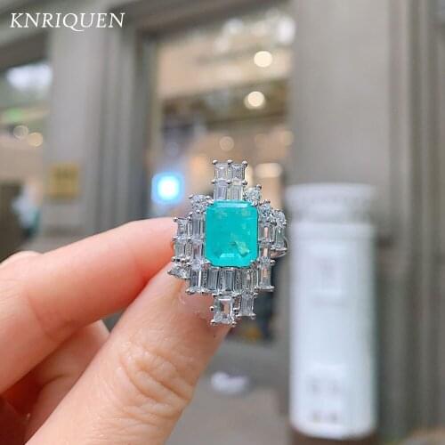 2021 Luxury Design 925 Sterling Silver 8*10mm Paraiba Tourmaline Lab Diamonds Rings for Women Party Cocktail Wedding Band Jewel