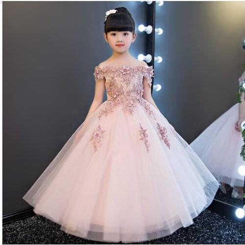 Flower Girl Bead Decoration Long Dress New Girl Wedding Party Exchange Dress Ball Beauty Off Shoulder Kids Princess Dresses