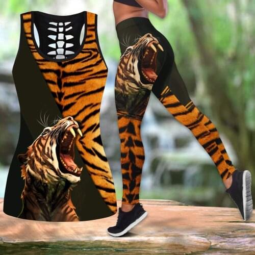 Powerful Screaming Tiger 3D Printed Hollow Tank Top & Leggings Set Fitness Female Full Length Leggings Running Pants DDK61