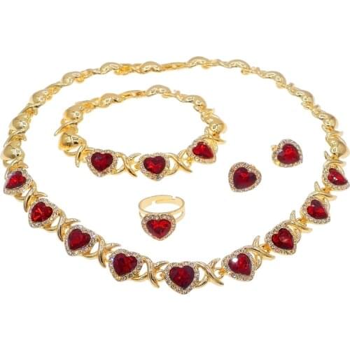 I love your Mothers love Rhinestone Heart-shaped Kiss Jewelry Set Wedding Red Gold Jewelry Xoxo Necklace Set