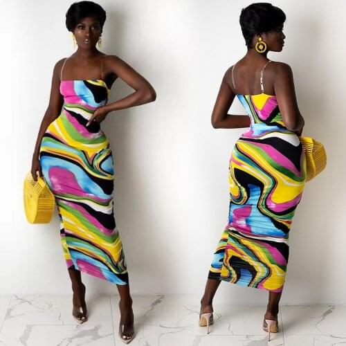 Summer Sexy Female Bodycon Spaghetti Strap Dress Women Long Party Night Club Dress Sleeveless Printed Backless African Clothes
