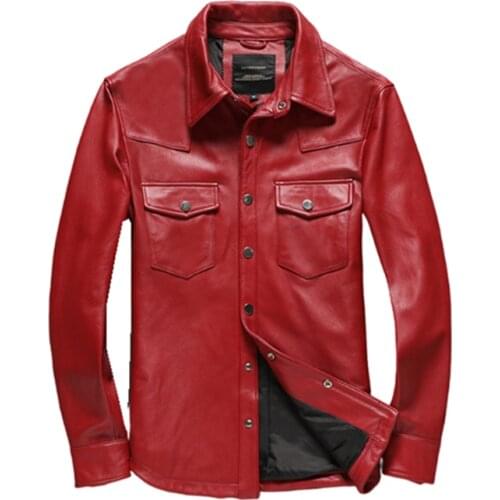 2021Genuine Leather Mens Leather Short Slim-Fit Top Layer Goatskin Motorcycle Leather Jacket Red Jacket