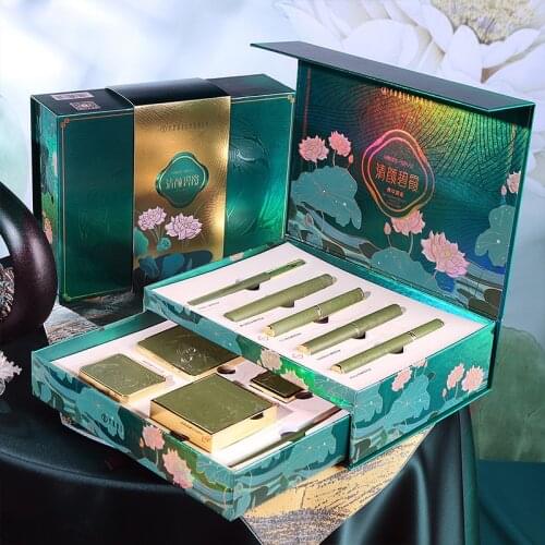 Oriental Lotus Makeup Set Chinese Style Soft Velvet Lipstick Moisturizing Concealer Highlighter Setting Powder Make Up Tools Kit