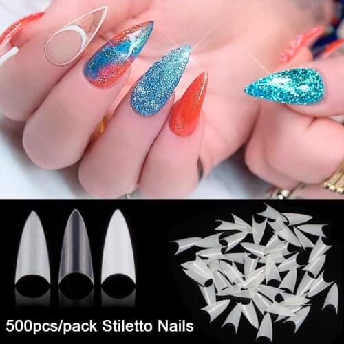 500Pcs Stiletto False Nails Full Cover Nails Sharp Ending Acrylic Nail Tips Stiletto False Fake Nails Art Fingernails