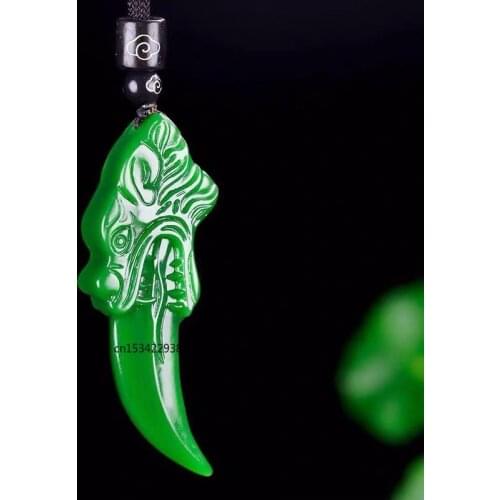Natural Green Jade Wolf Tooth Pendant Necklace Jewellery Fashion Accessories Hand-Carved Man Woman Luck Amulet Sweater Chain