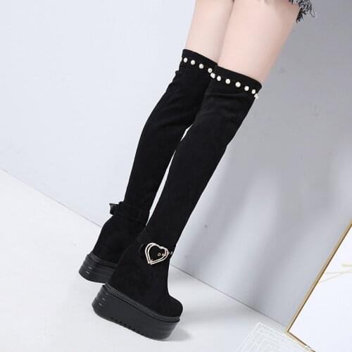 Winter new womens boots fashion suede 13 cm increase over the knee boots Korean version of the thick bottom plus velvet boots