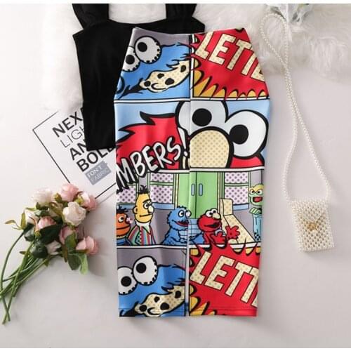 High-Waisted Slim-Fit Cartoon Printed Bag Hip Skirt 2020 Summer New Style Slit over Knee Half-Length Skirt bodycon skirt