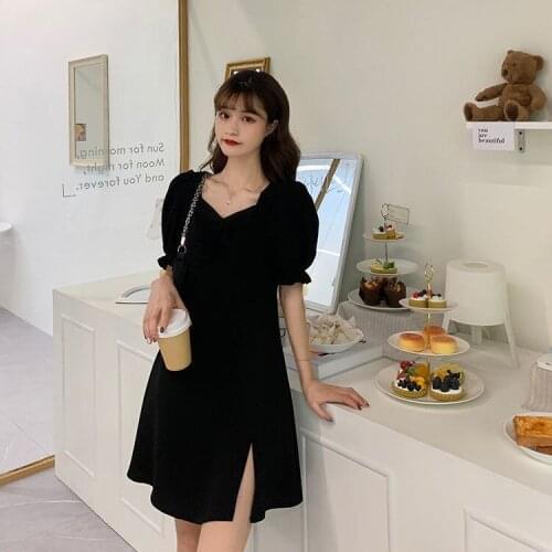 Mid-length dress Black A-line skirt with square collar and waist all-matched and comfortable A66